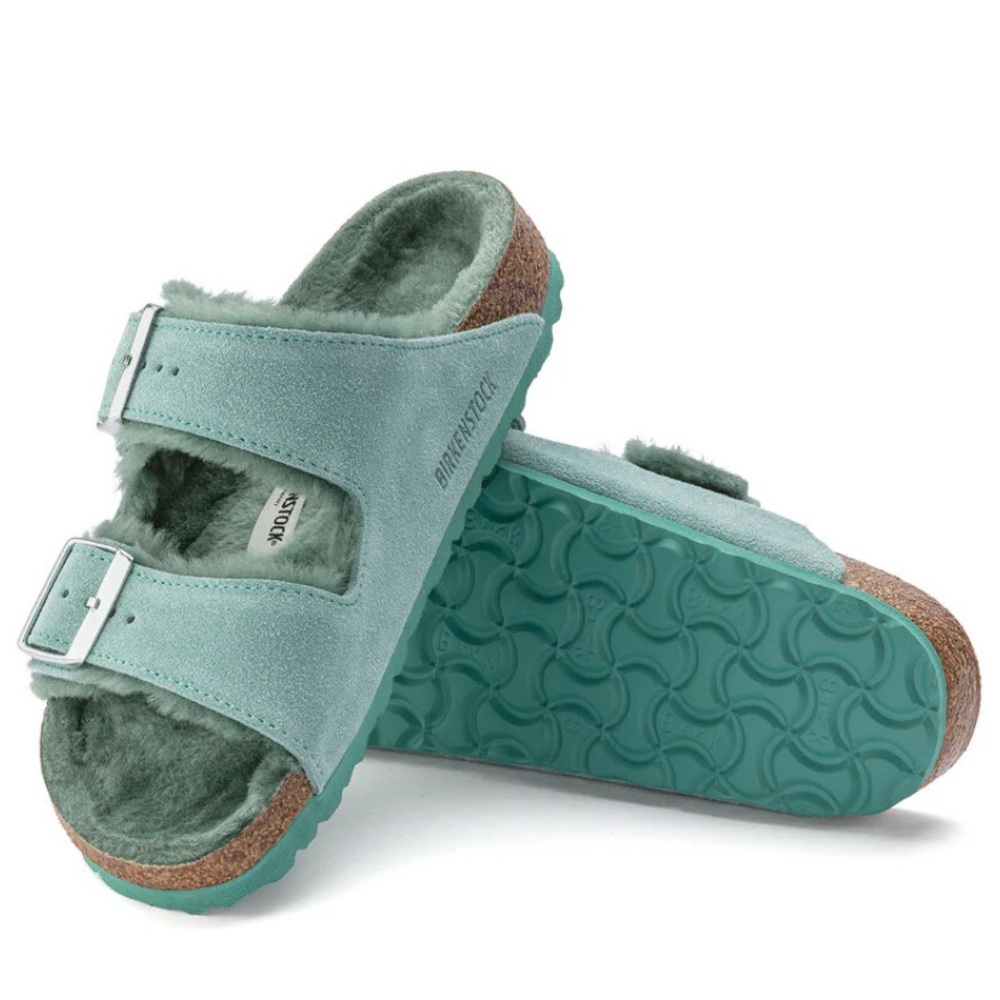 WOMEN'S BIRKENSTOCK | ARIZONA SHEARLING SUEDE TEAL LEATHER SANDALS